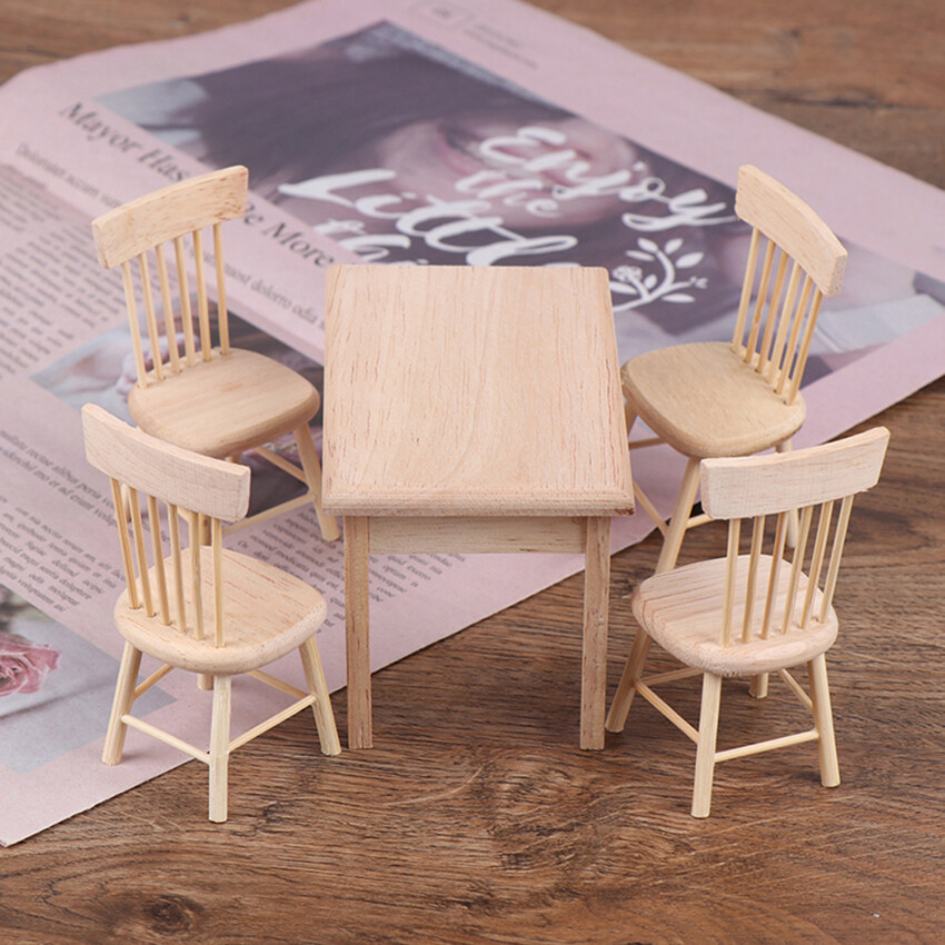 【Ready Stock】1 Set Dining Table Chair Model 1:12 Dollhouse Miniature Wooden Furniture Toy Set High Quality