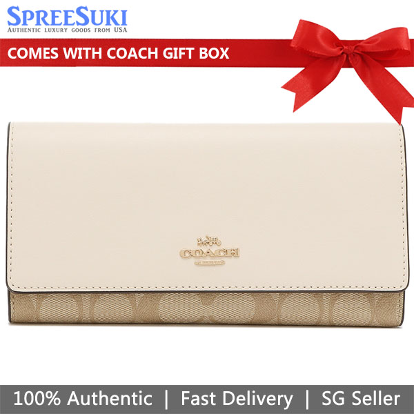 Coach Wallet In Gift Box Long Wallet Slim Trifold Wallet In Signature Canvas Light Khaki Chalk Off White # C5966